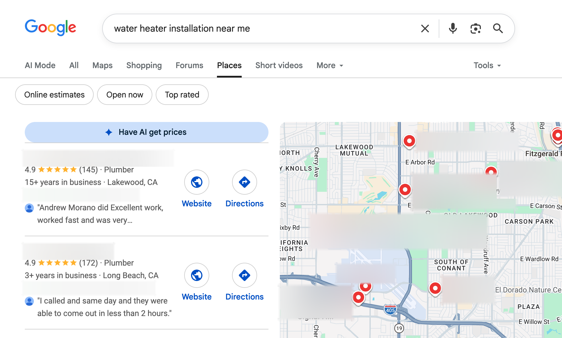 Google results for plumbers near me, filtered to contractors offering online estimates