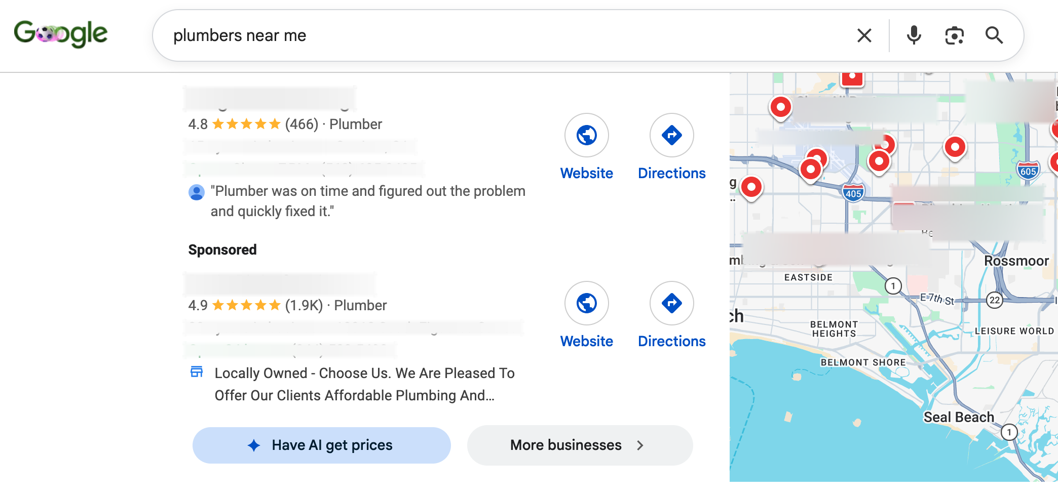 Google results for plumbers near me, filtered to contractors offering online estimates